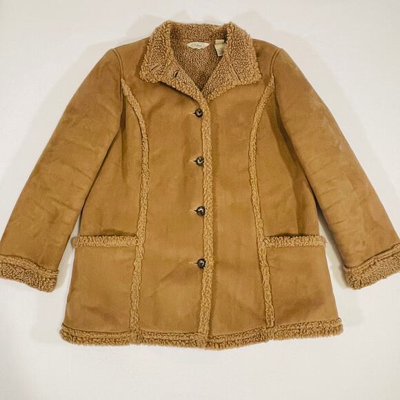 L.L Bean Winter Jacket Womens XL Tan Faux Suede Shearling Lined Peacoat Pockets - Picture 1 of 11
